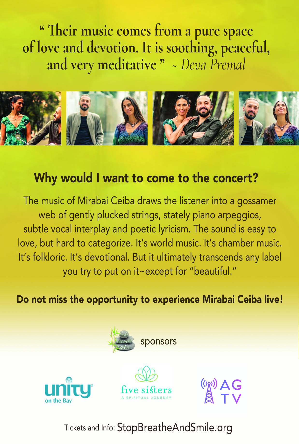 El dúo de música sanadora y consciente Mirabai Ceiba regresa a Miami el Jueves 5 de diciembre, en los jardines de Pinecrest. Será una noche mística y mágica Boletos http://bit.ly/mirabaiceibainconcert